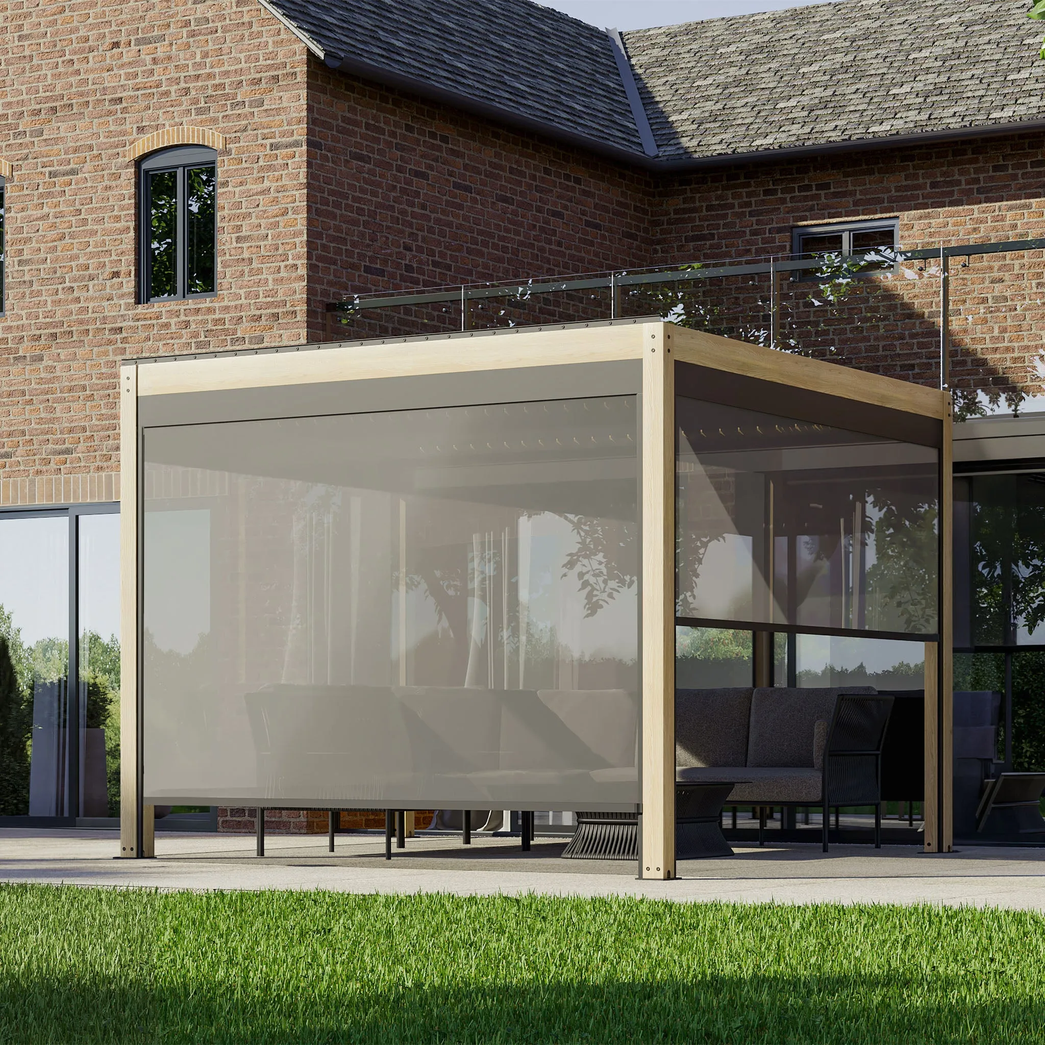 PergoSTET 3m x 3m Square Pergola with 3 Drop Sides and LED Lighting with Wood Effect