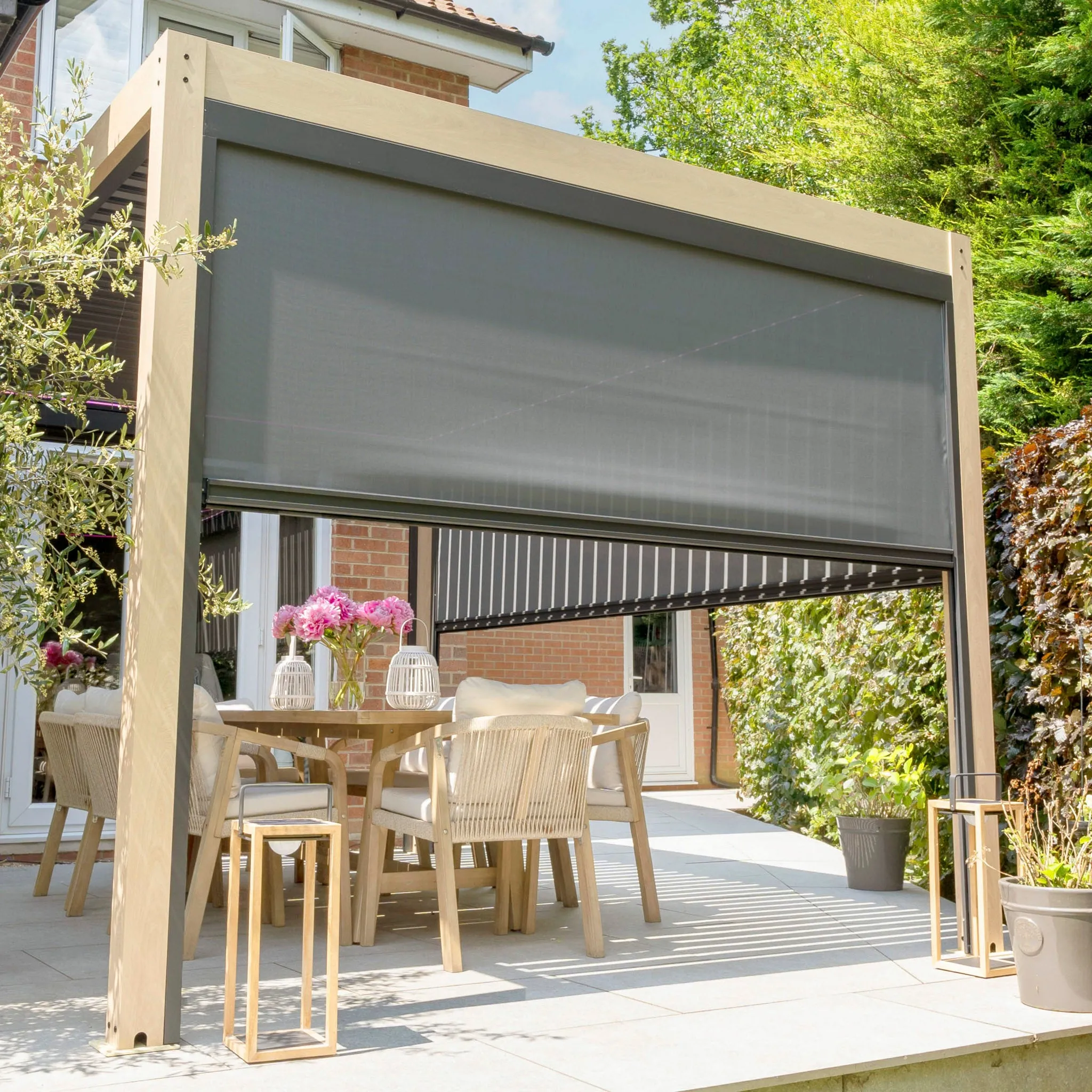 PergoSTET 3m x 3m Square Pergola with 3 Drop Sides and LED Lighting with Wood Effect