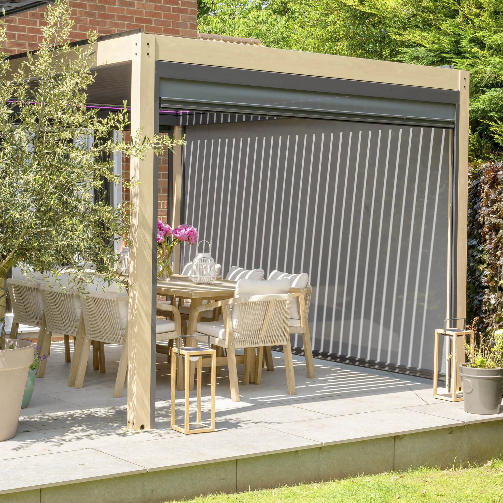 PergoSTET 3m x 3m Square Pergola with 3 Drop Sides and LED Lighting with Wood Effect