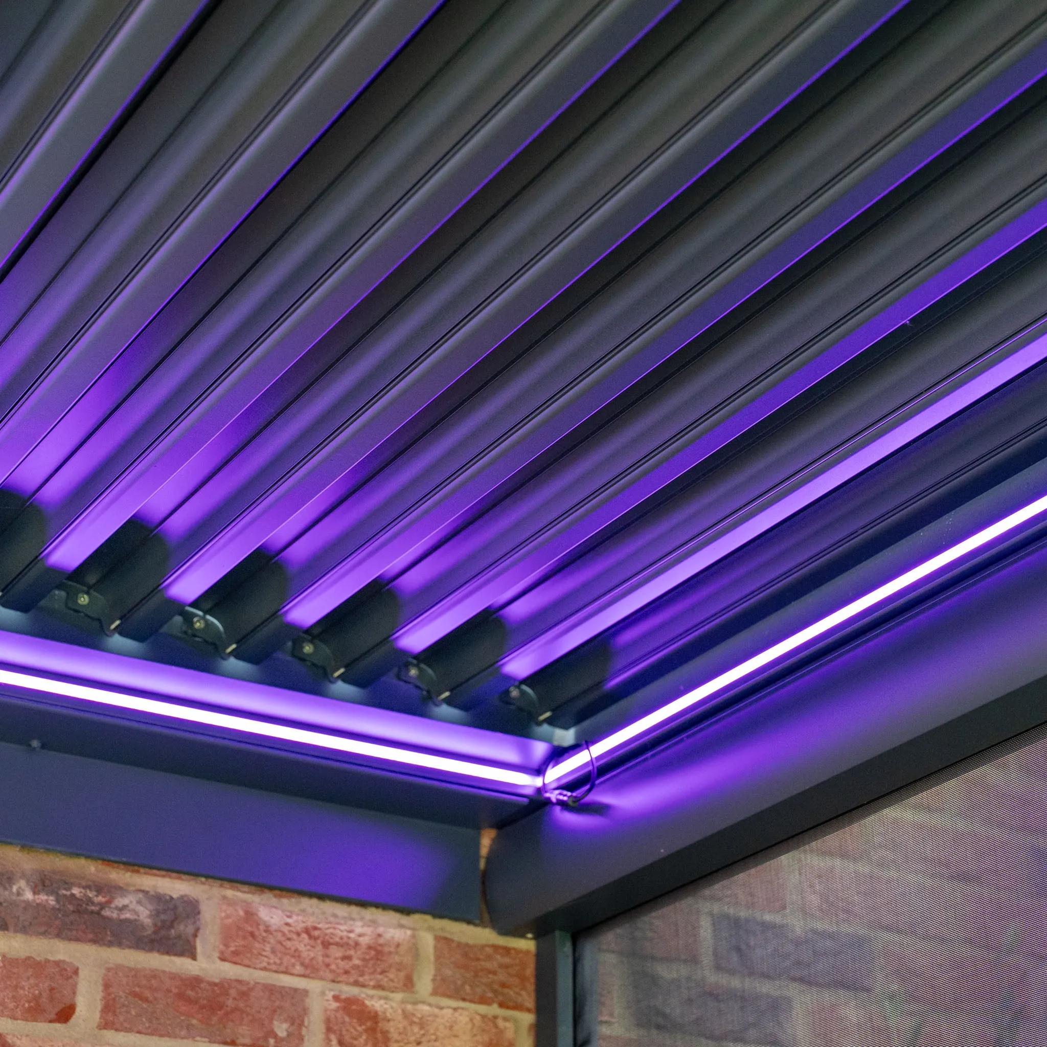 PergoSTET 3m x 3m Square Wall Mounted Pergola with 3 Drop Sides and LED Lighting in Grey