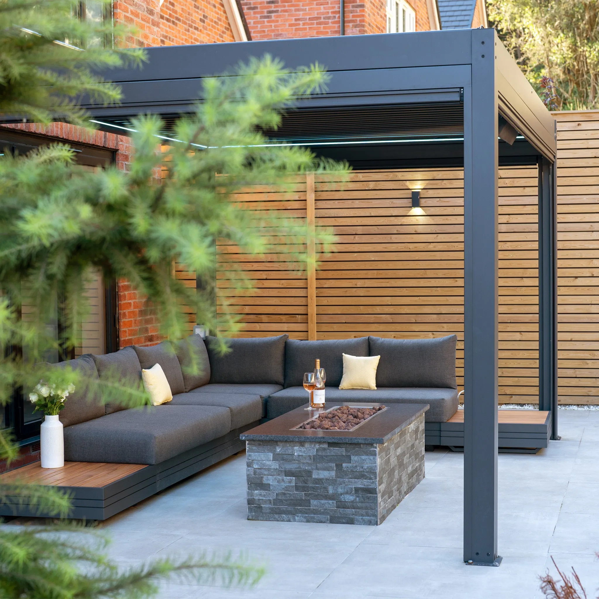 PergoSTET 3m x 4m Rectangular Pergola with 3 Drop Sides and LED Lighting in Grey