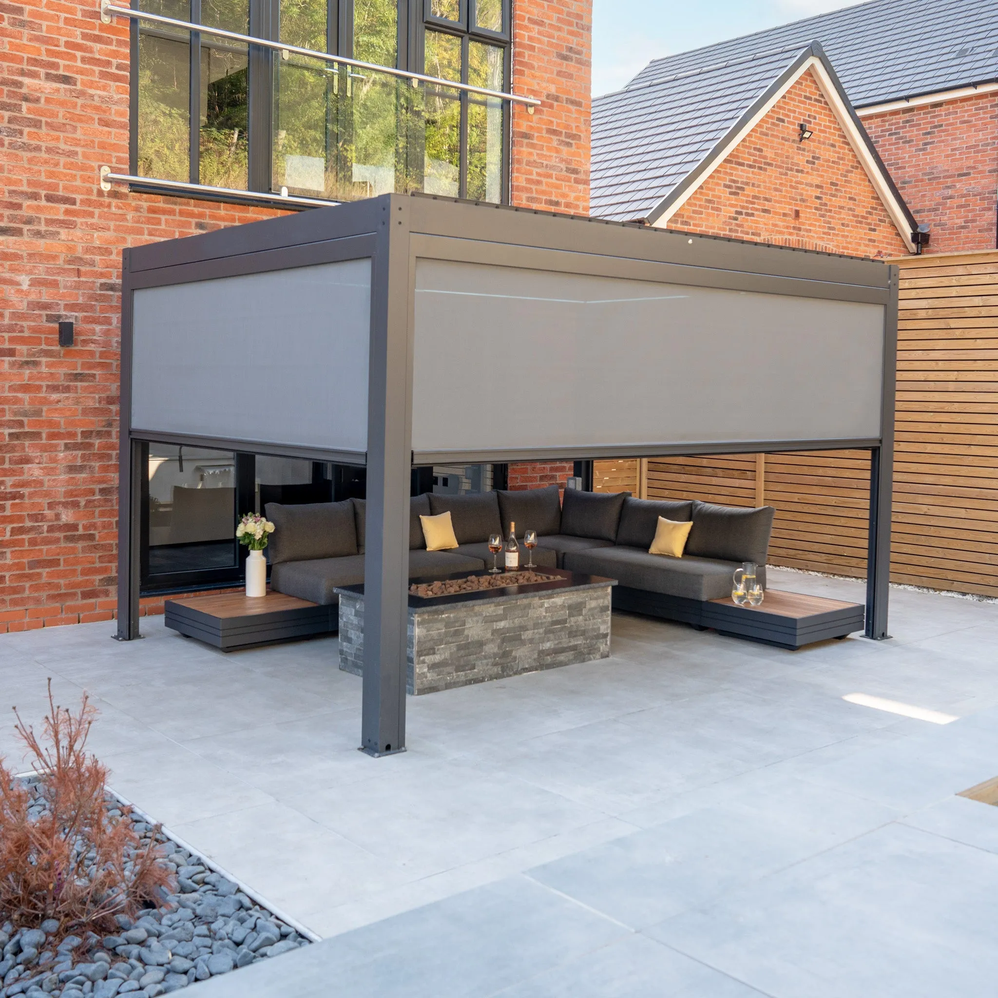 PergoSTET 3m x 4m Rectangular Pergola with 3 Drop Sides and LED Lighting in Grey