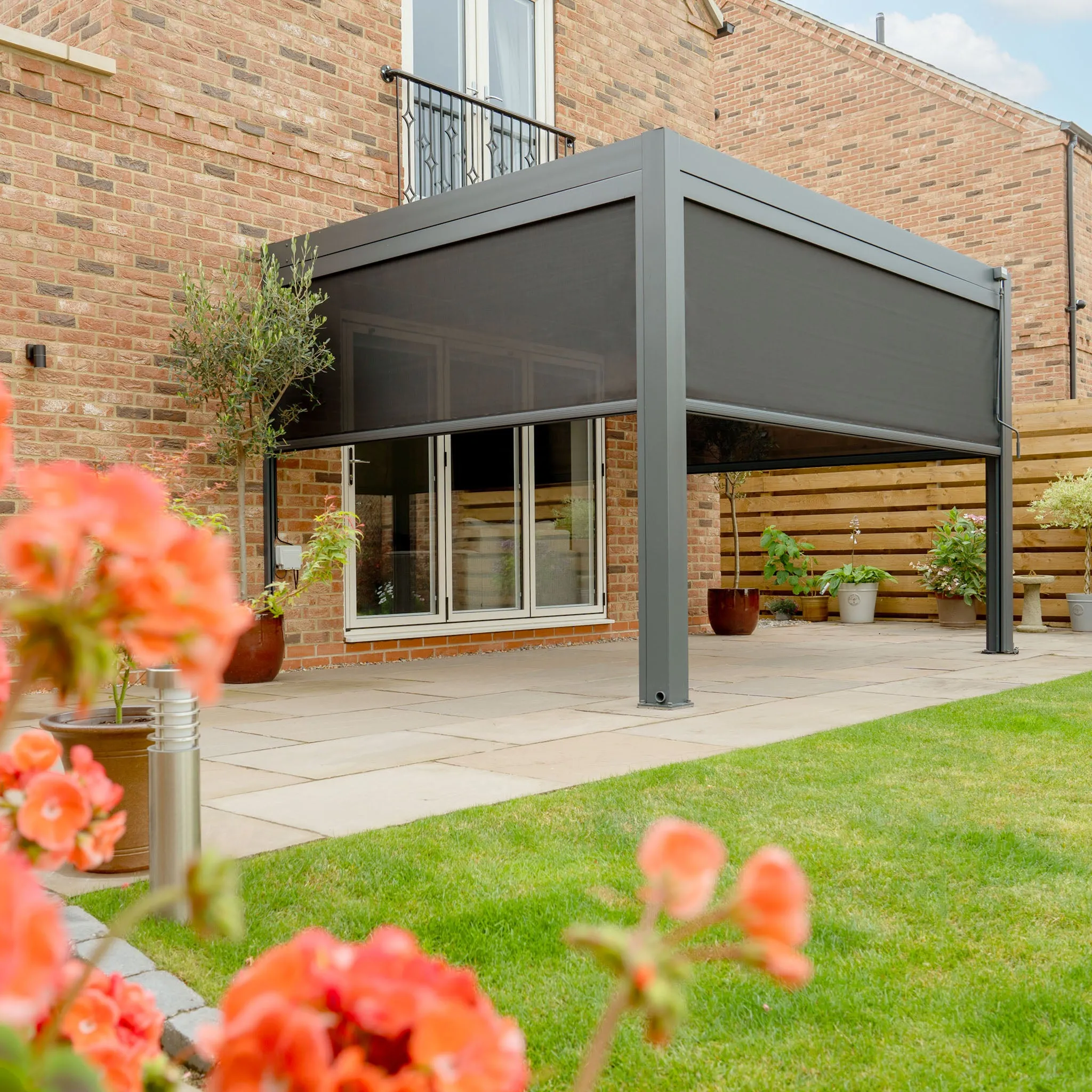 PergoSTET 3m x 4m Rectangular Wall Mounted Pergola with 3 Drop Sides and LED Lighting in Grey
