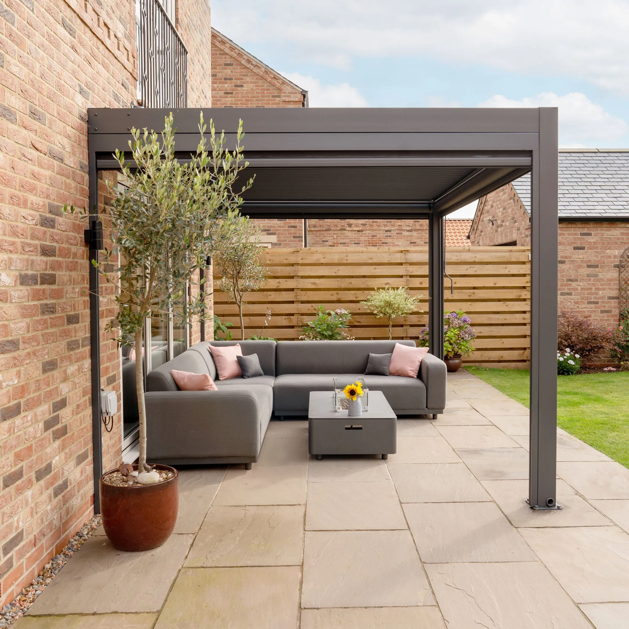PergoSTET 3m x 4m Rectangular Wall Mounted Pergola with 3 Drop Sides and LED Lighting in Grey
