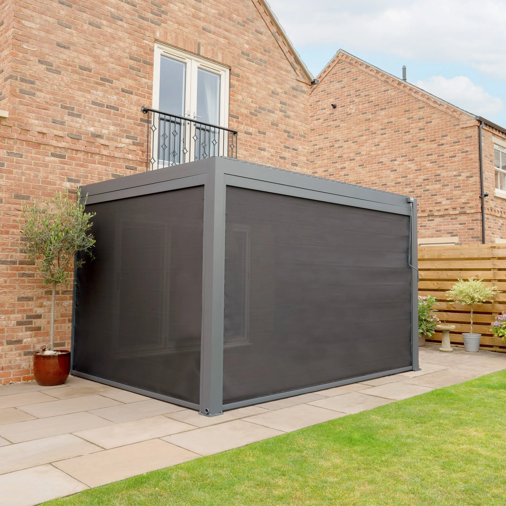 PergoSTET 3m x 4m Rectangular Wall Mounted Pergola with 3 Drop Sides and LED Lighting in Grey