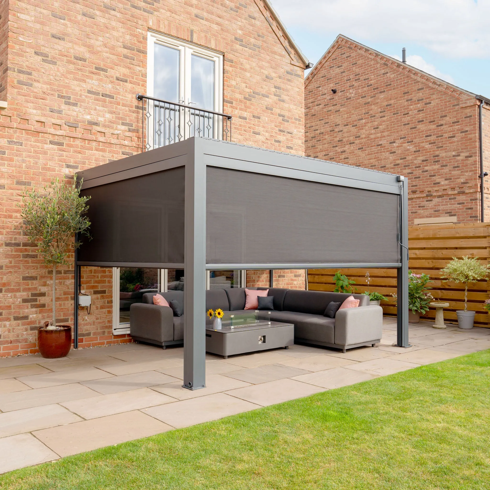 PergoSTET 3m x 4m Rectangular Wall Mounted Pergola with 3 Drop Sides and LED Lighting in Grey