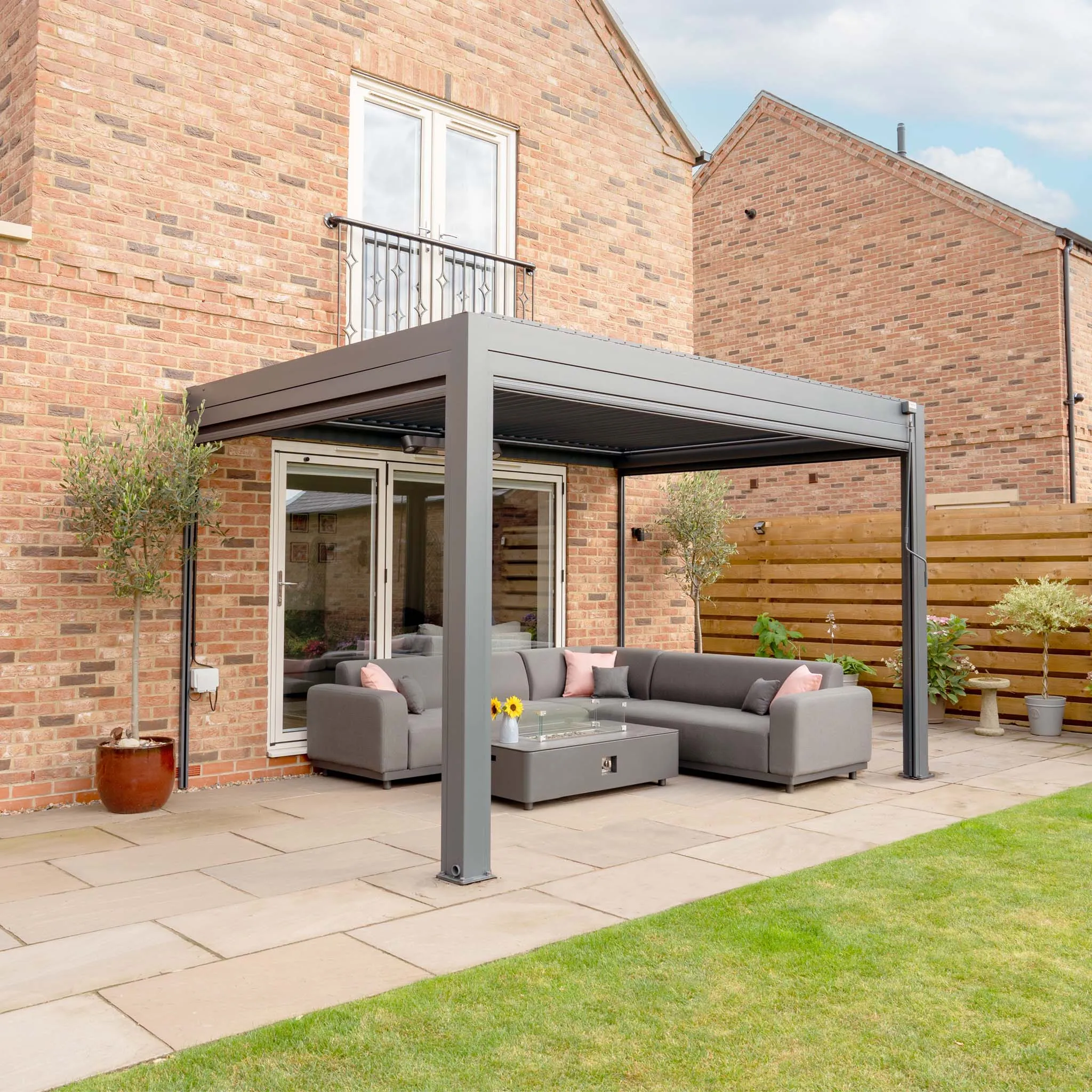 PergoSTET 3m x 4m Rectangular Wall Mounted Pergola with 3 Drop Sides and LED Lighting in Grey