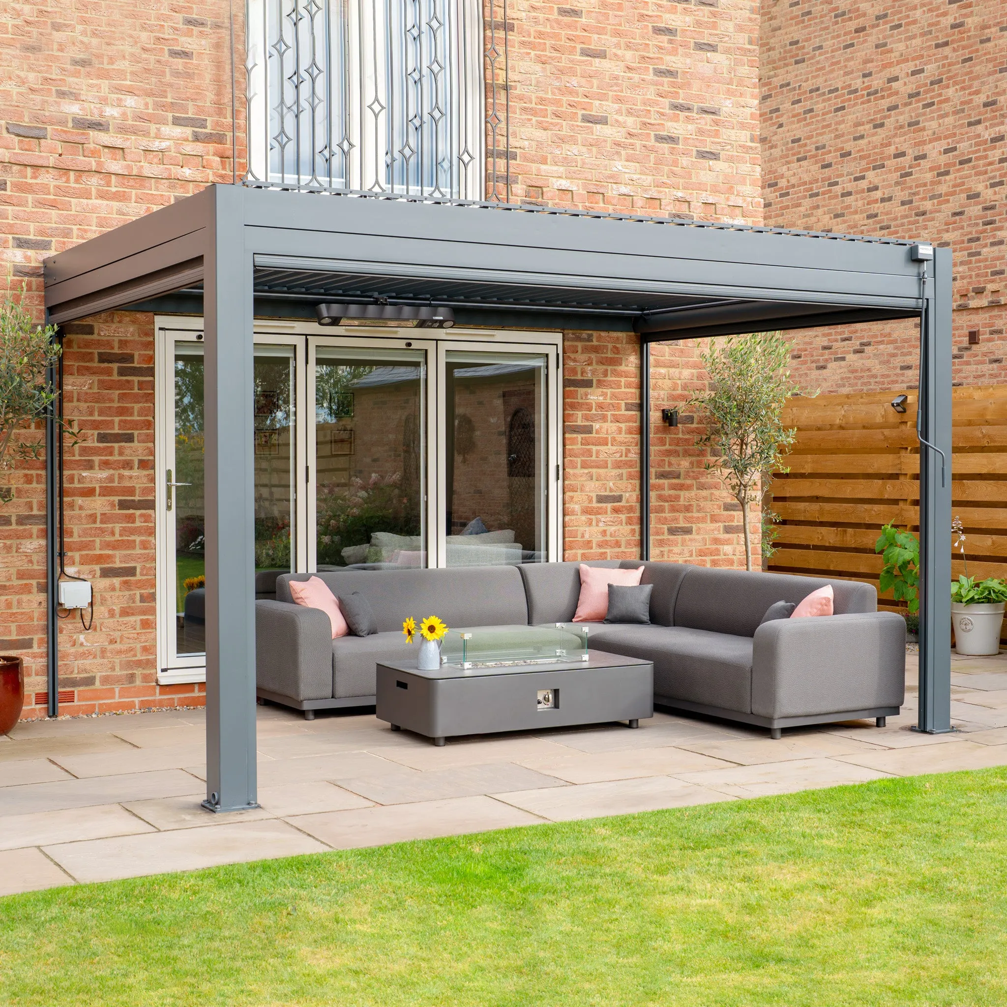 PergoSTET 3m x 4m Rectangular Wall Mounted Pergola with 3 Drop Sides and LED Lighting in Grey