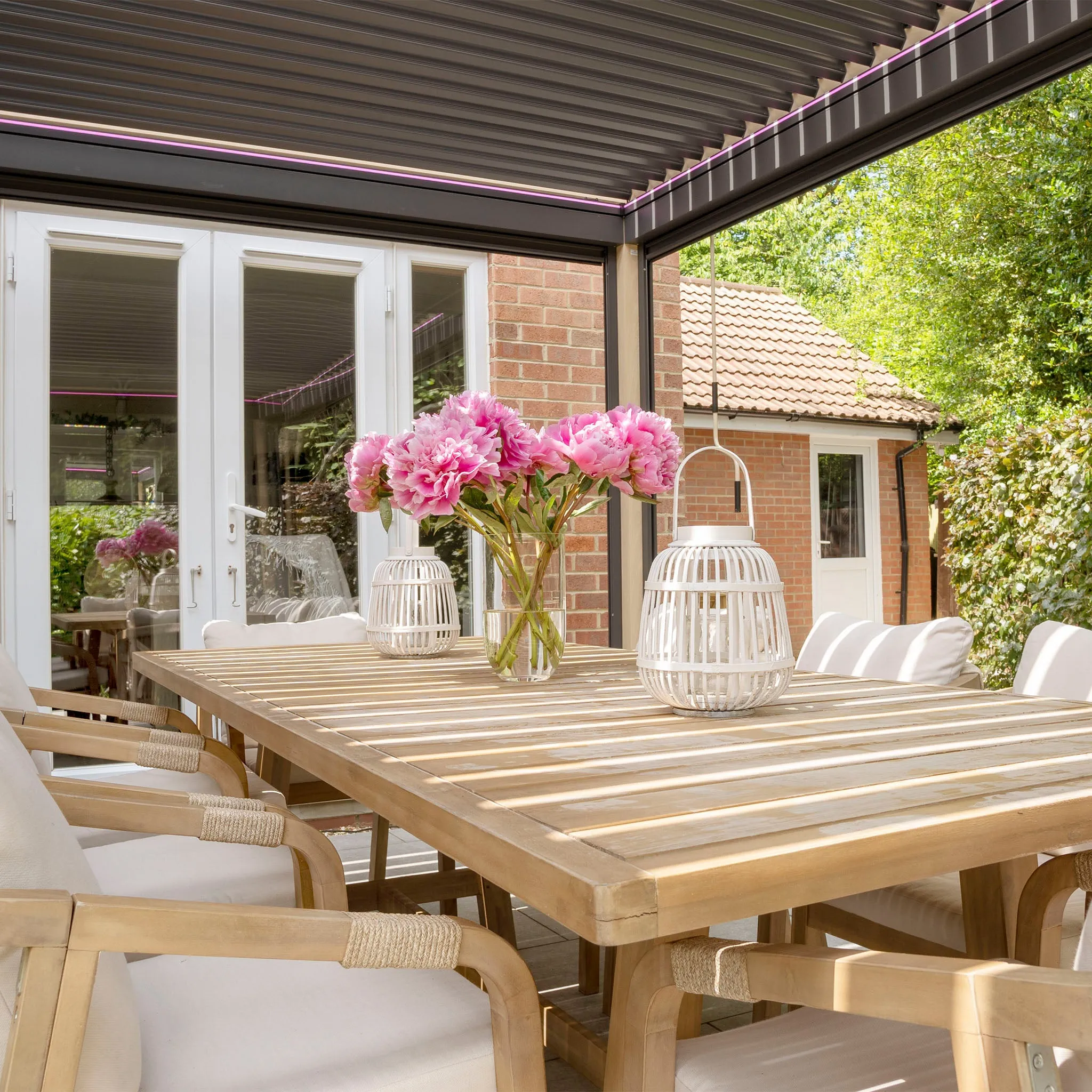 PergoSTET 4m x 4m Square Pergola with 3 Drop Sides and LED Lighting with Wood Effect