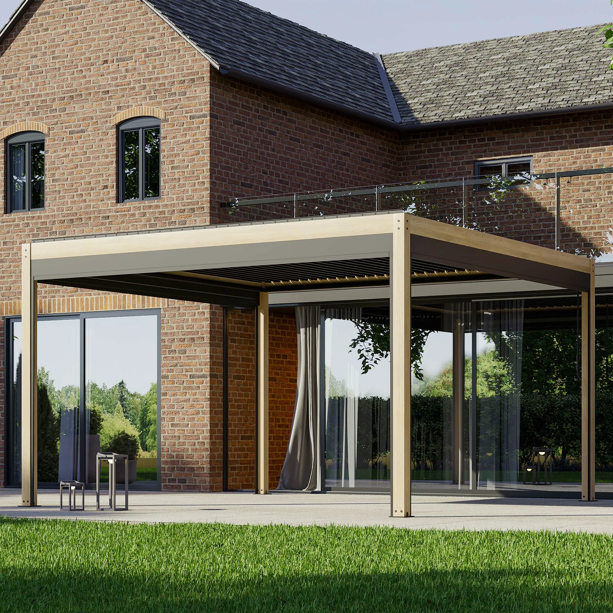 PergoSTET 4m x 4m Square Pergola with 3 Drop Sides and LED Lighting with Wood Effect