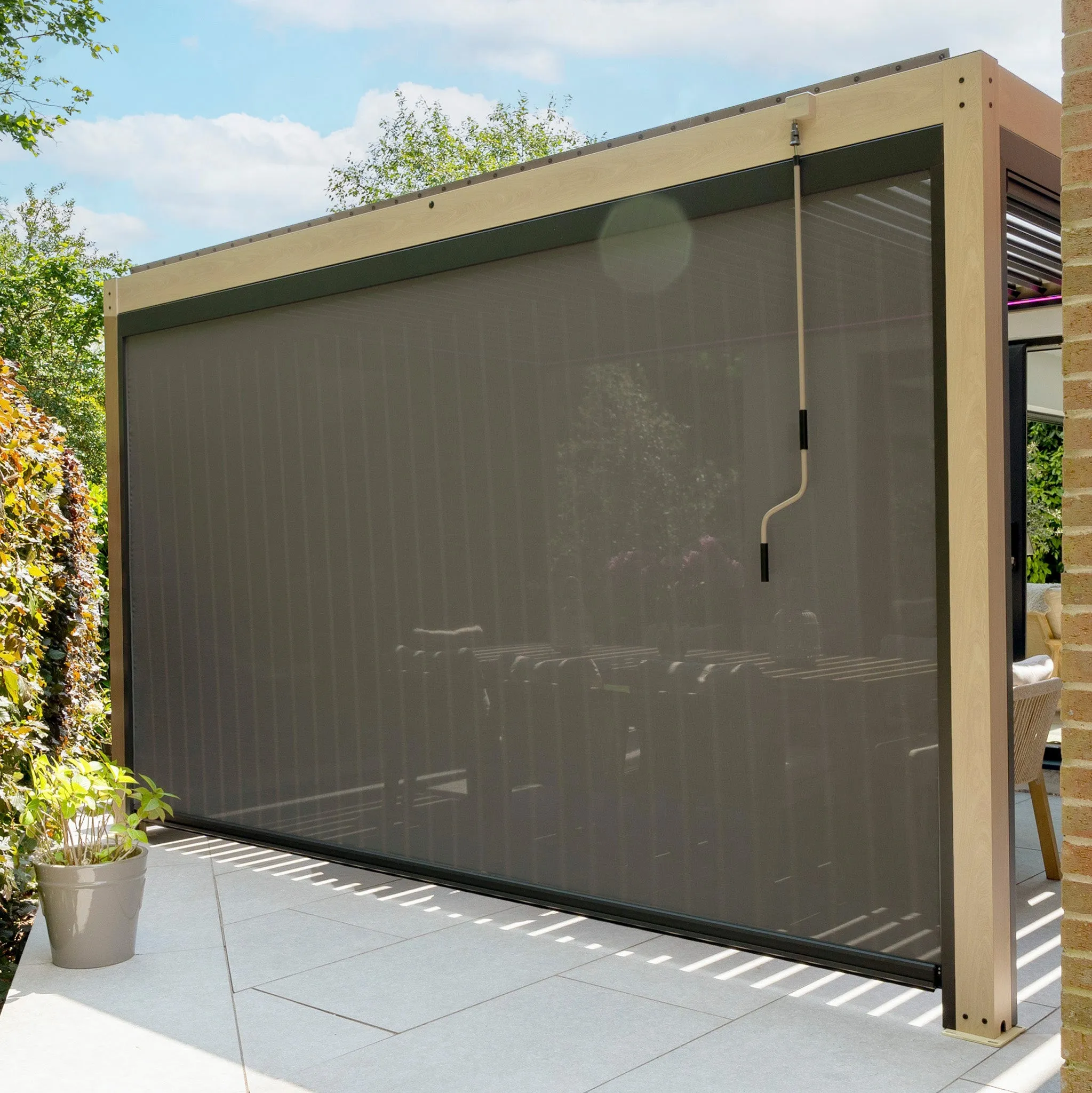 PergoSTET 4m x 4m Square Pergola with 3 Drop Sides and LED Lighting with Wood Effect