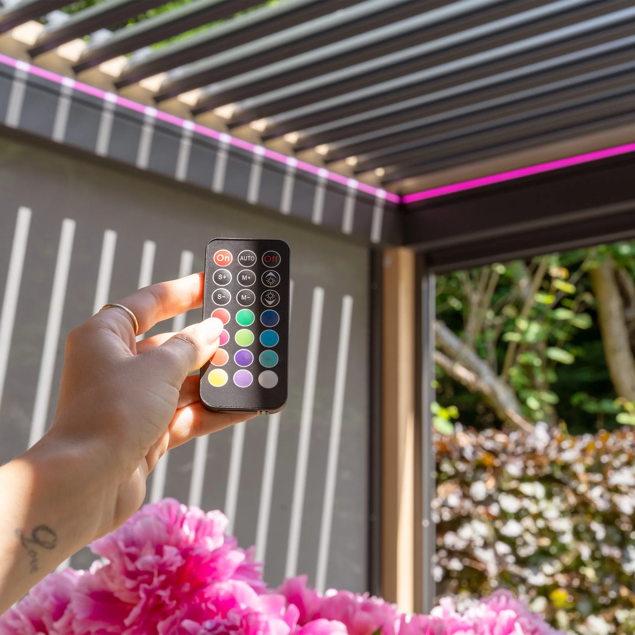 PergoSTET 4m x 4m Square Pergola with 3 Drop Sides and LED Lighting with Wood Effect