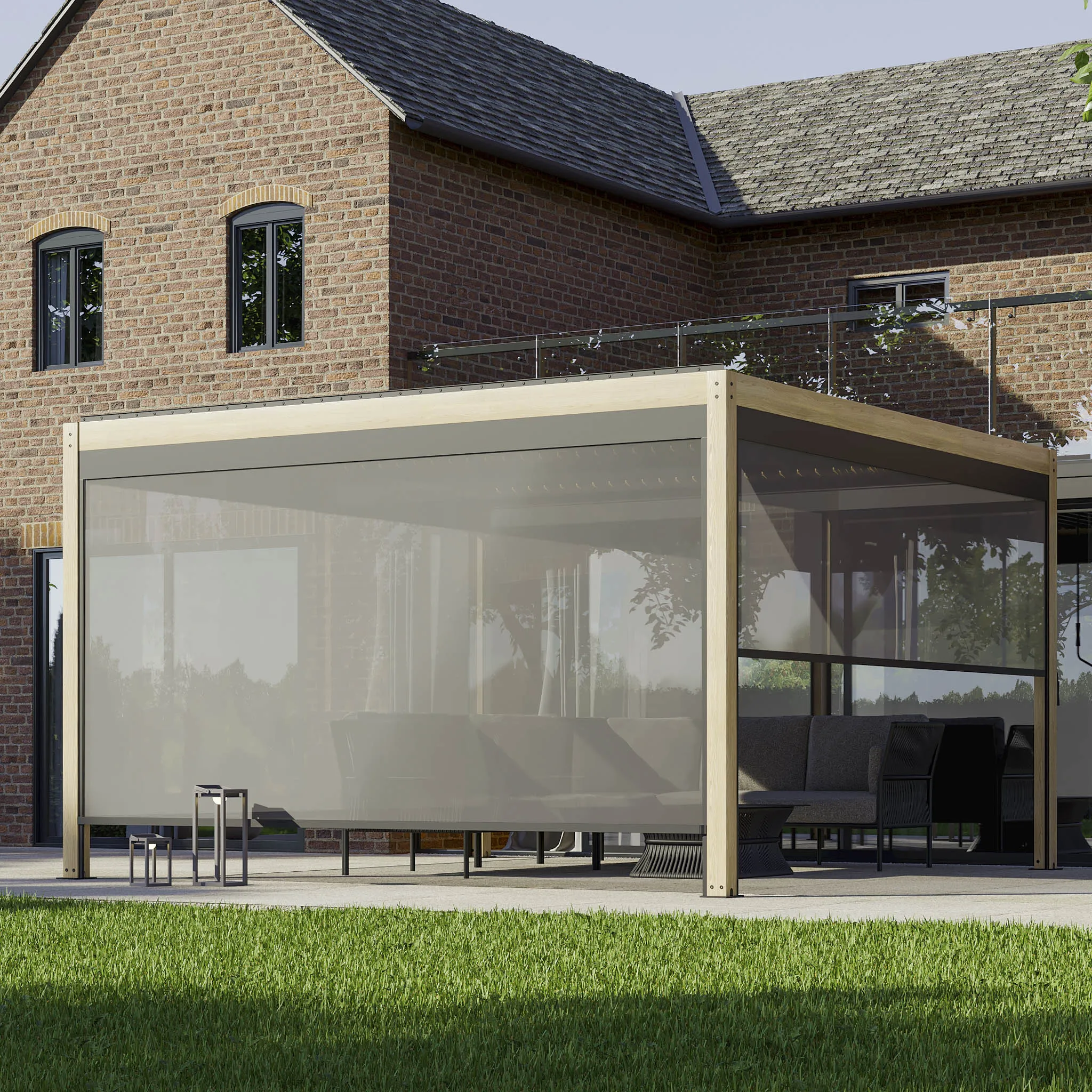 PergoSTET 4m x 4m Square Pergola with 3 Drop Sides and LED Lighting with Wood Effect