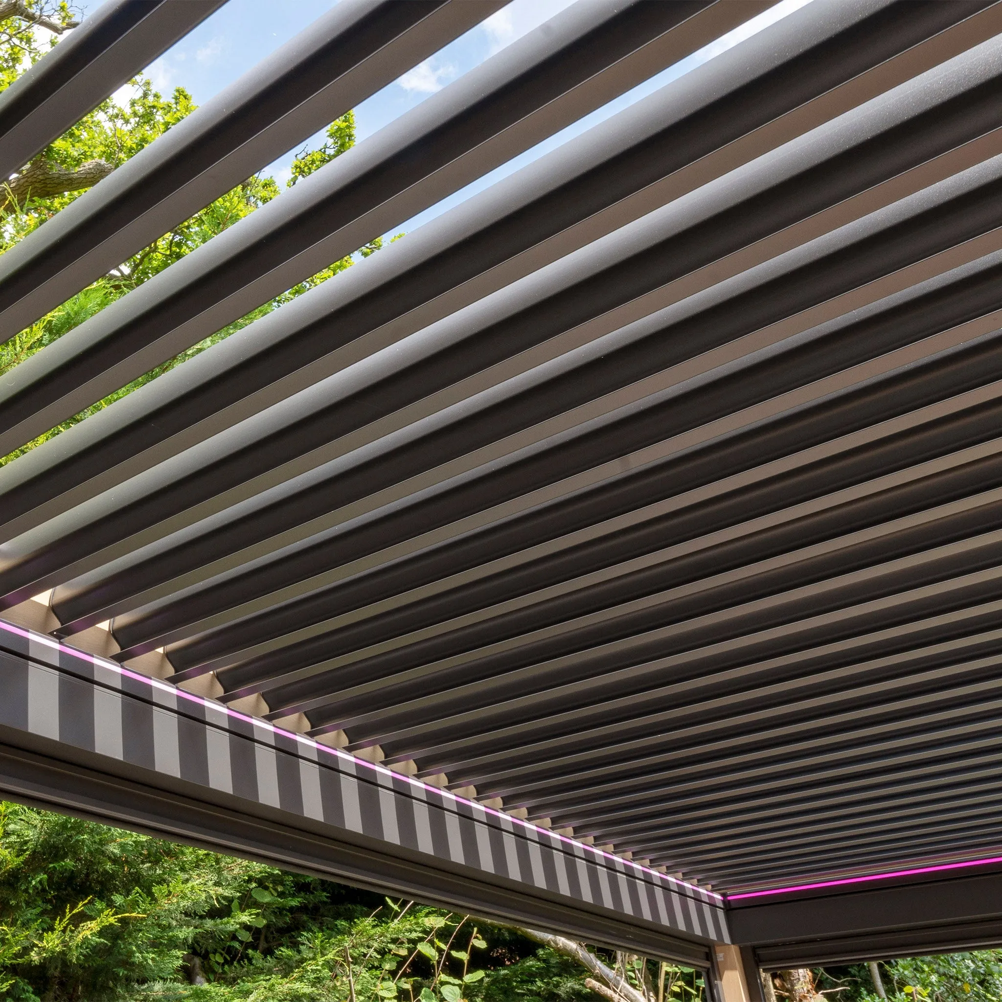 PergoSTET 4m x 4m Square Pergola with 3 Drop Sides and LED Lighting with Wood Effect