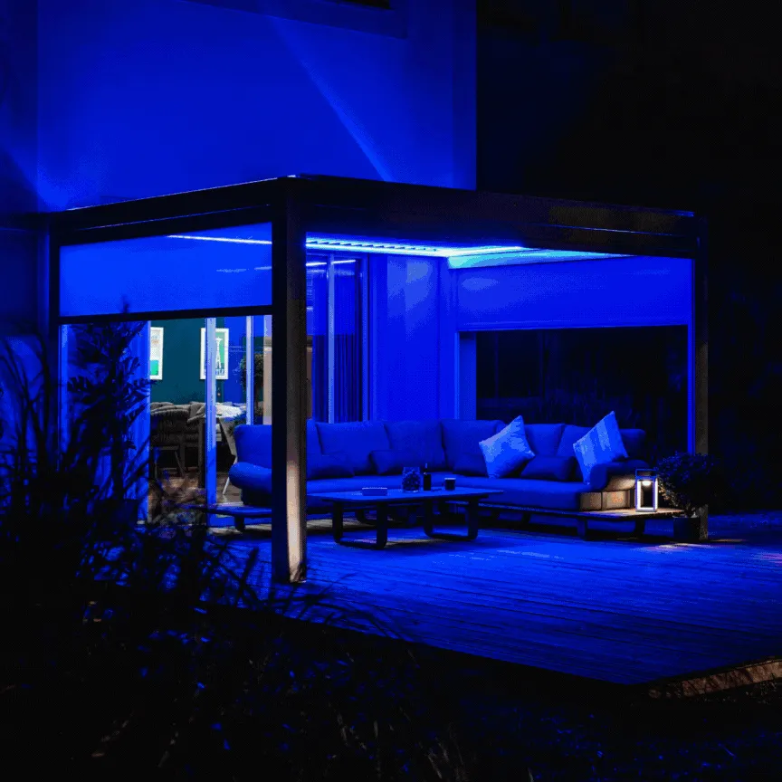 PergoSTET 4m x 4m Square Pergola with 3 Drop Sides and LED Lighting with Wood Effect