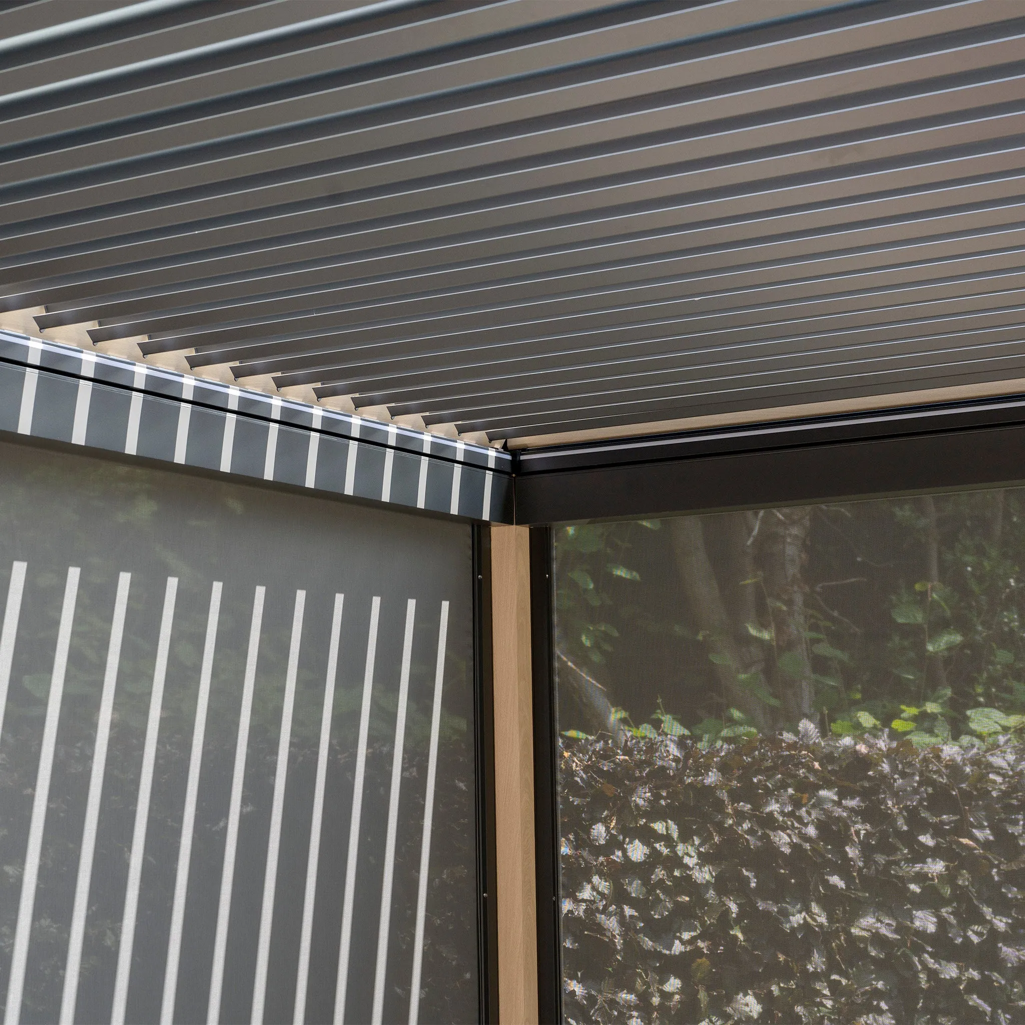 PergoSTET 4m x 4m Square Pergola with 3 Drop Sides and LED Lighting with Wood Effect