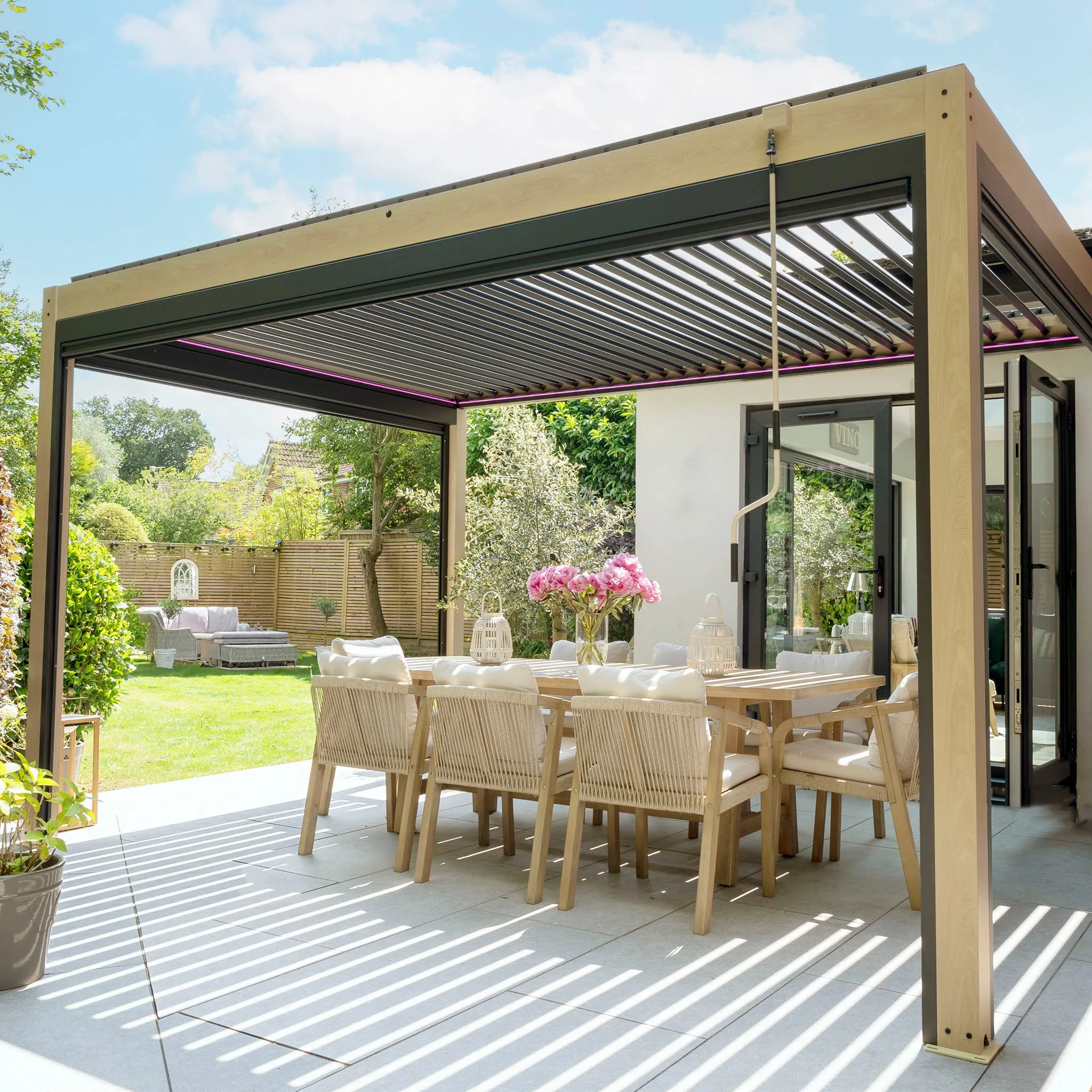 PergoSTET 4m x 4m Square Pergola with 3 Drop Sides and LED Lighting with Wood Effect