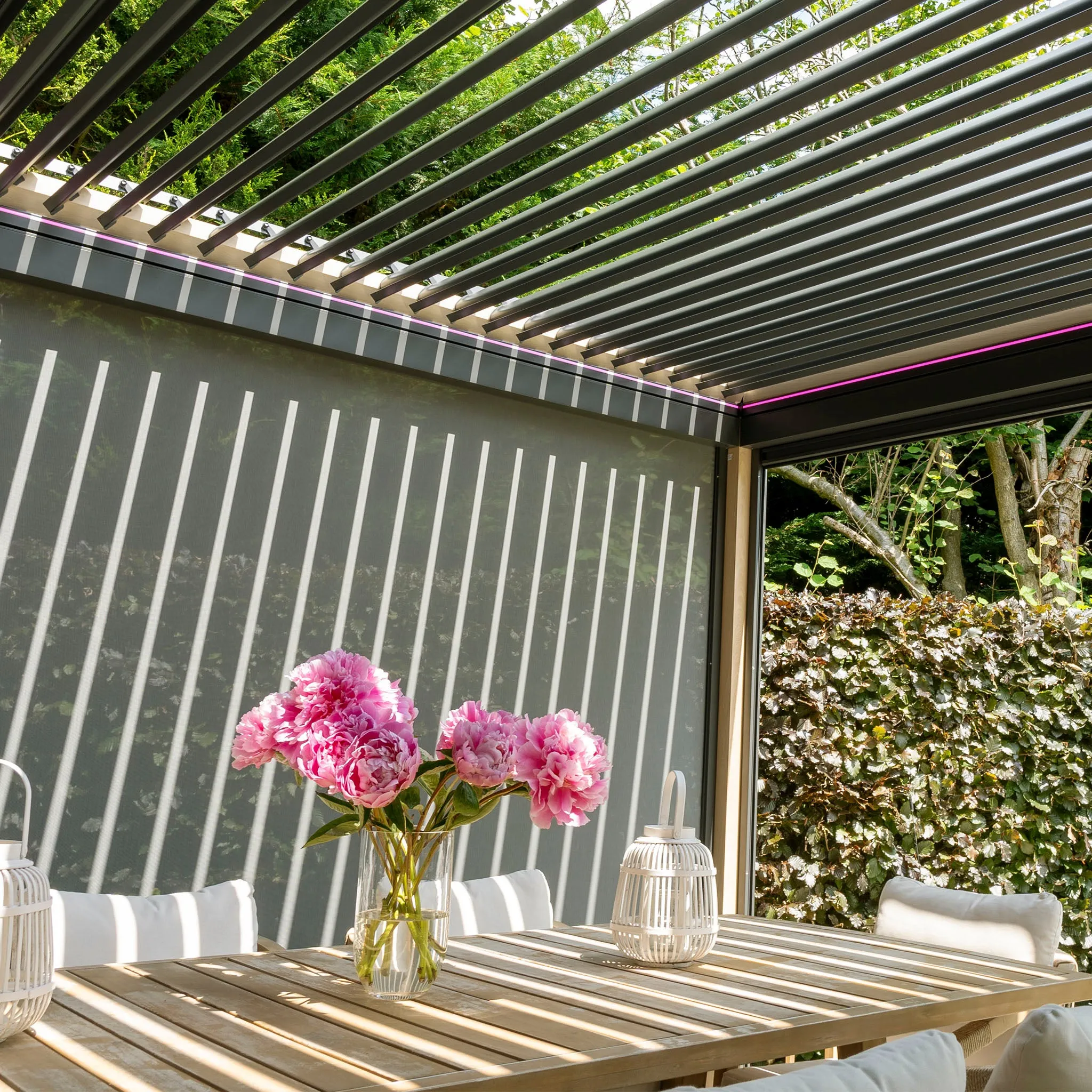 PergoSTET 4m x 4m Square Pergola with 3 Drop Sides and LED Lighting with Wood Effect