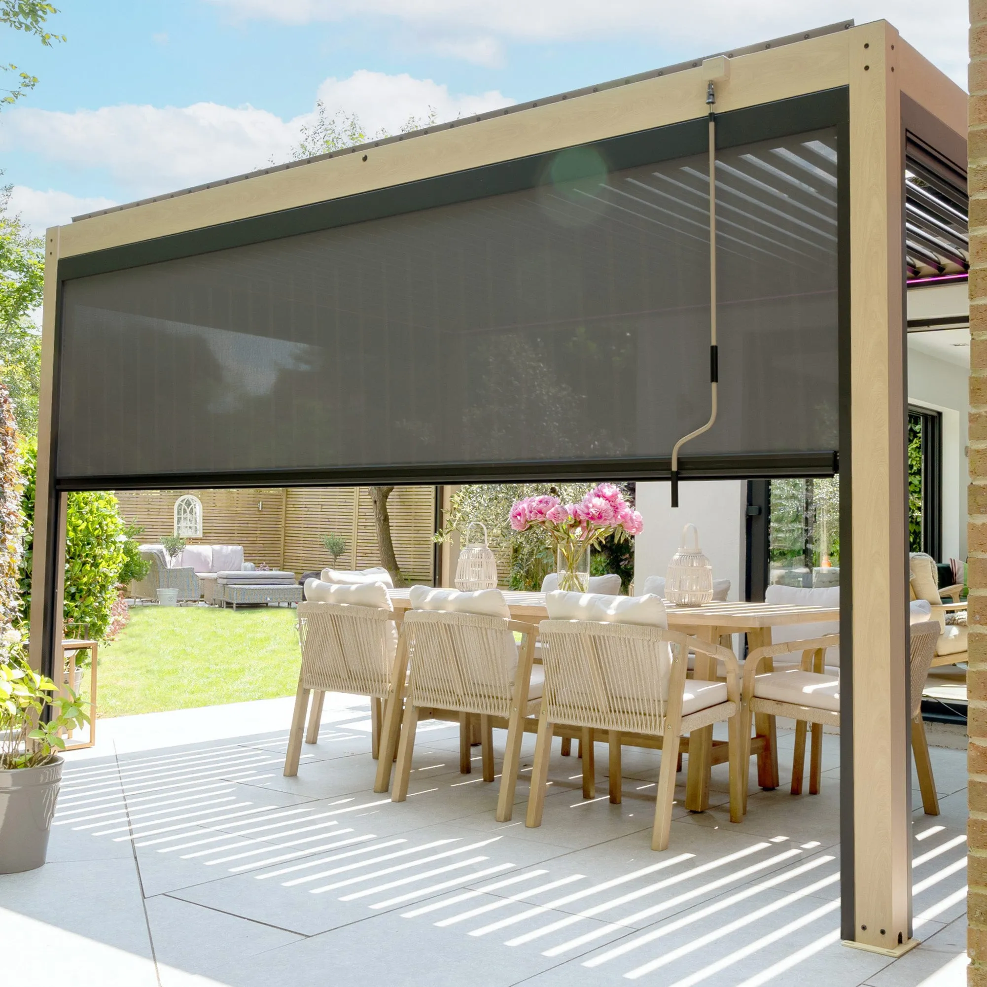 PergoSTET 4m x 4m Square Pergola with 3 Drop Sides and LED Lighting with Wood Effect