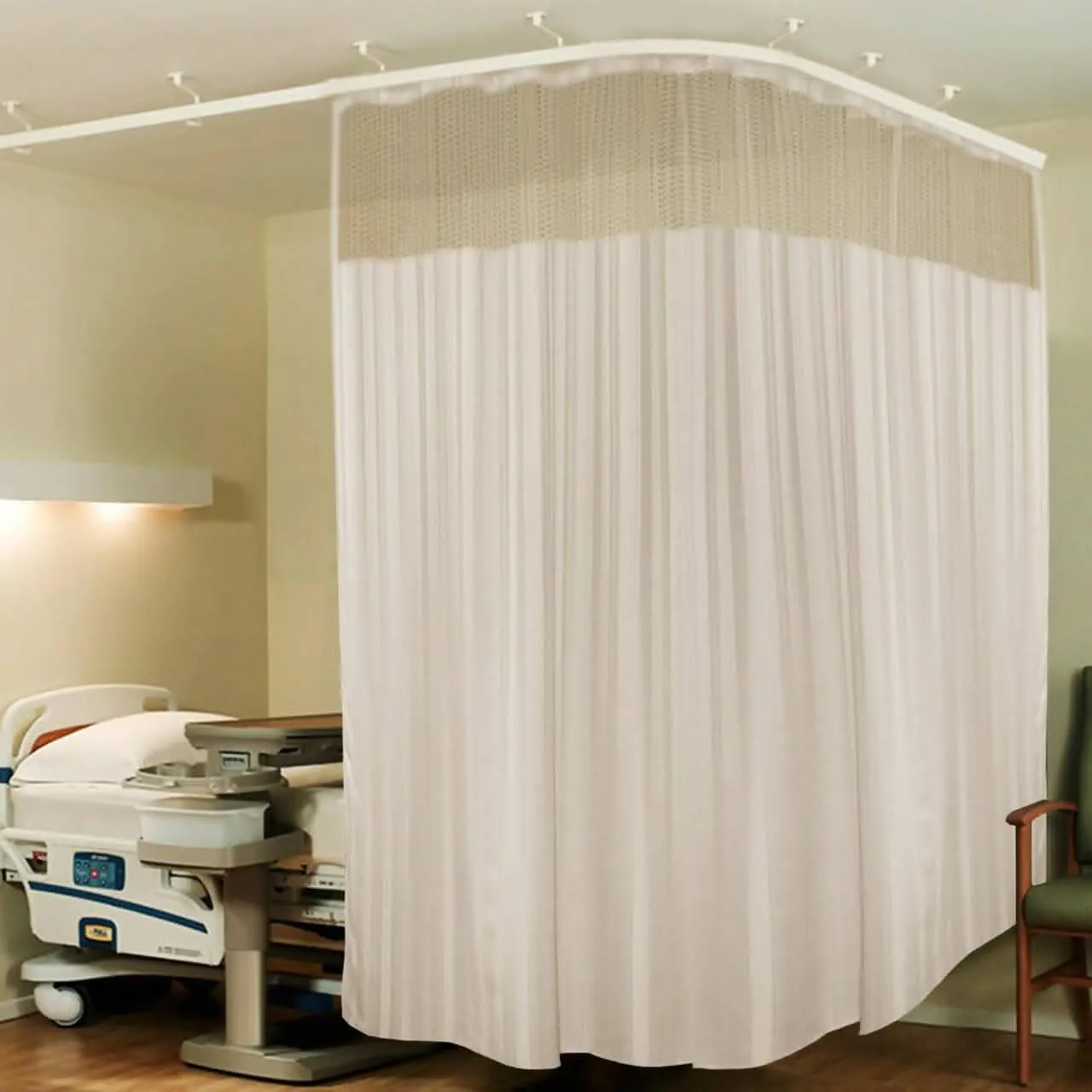 "Lushomes Hospital and Clinic Partition Curtains: 18x7 FT Channel Design with Net Fabric, 100% Polyester - Cream Stripes"