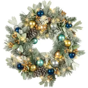 Red Co. 22” Decorative Snow-Flocked Artificial Light-Up Christmas Wreath with Assorted Ornaments, Battery-Operated LED Lights with Timer