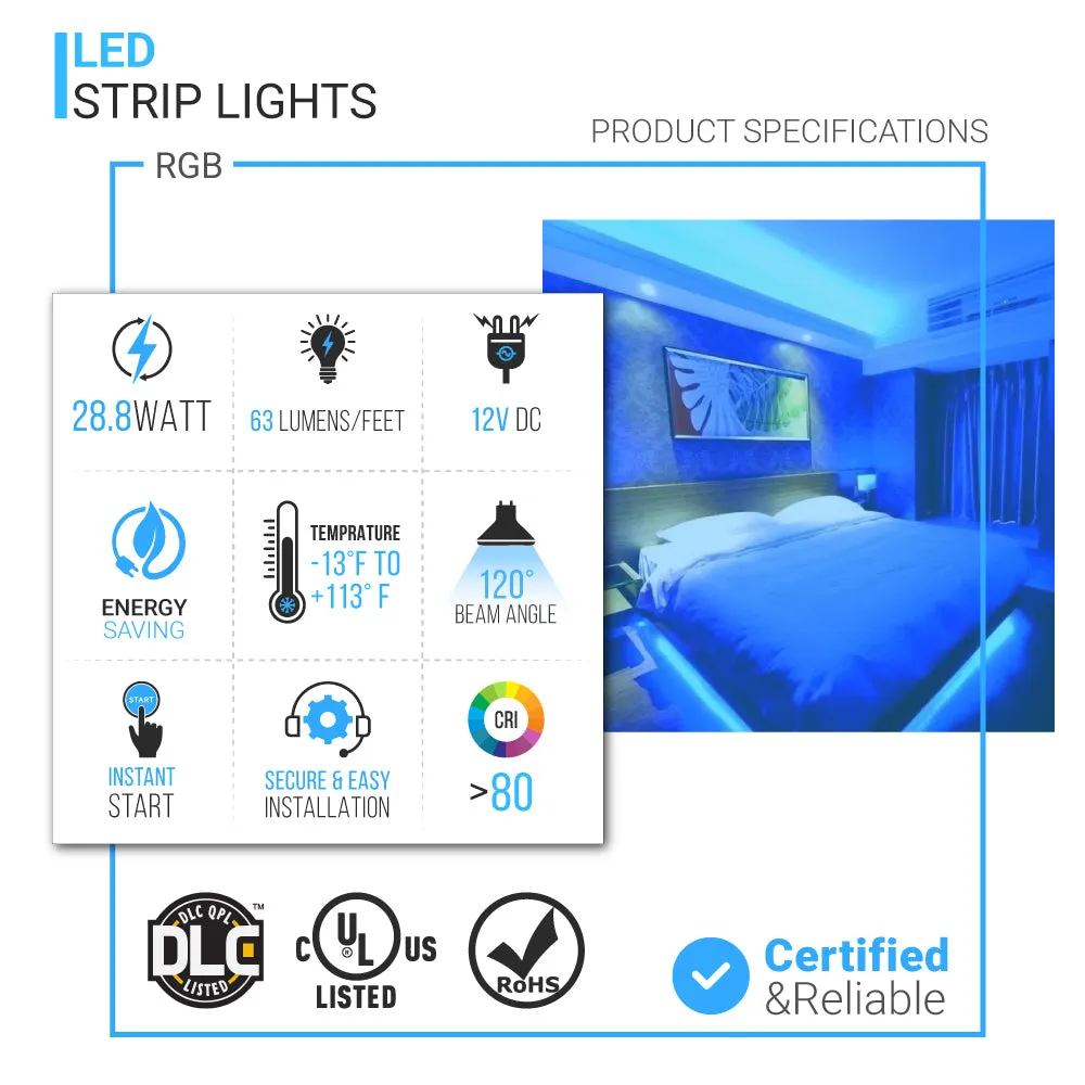 RGB LED Light Strips with Remote - 12V w/ DC Connector - 63 Lumens/ft. with Power Supply and Controller (KIT), 16.4 ft Color Changing Light Strip