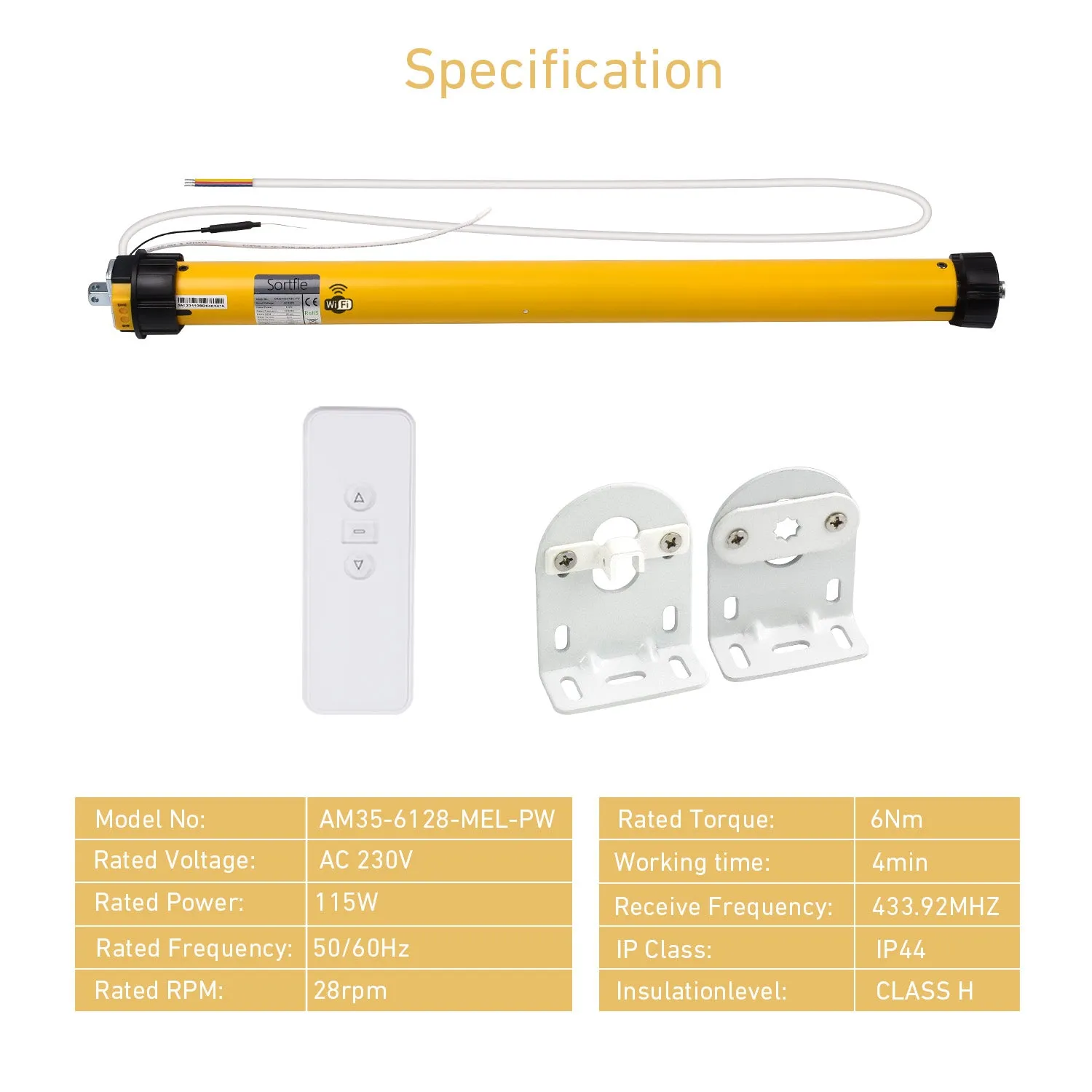 Rollerhouses AM35-6/28-MEL-PW WiFi Awnings Tubular Motor for 1.75-2 Inches (50-63mm) Tubes, AC120V Power Supply