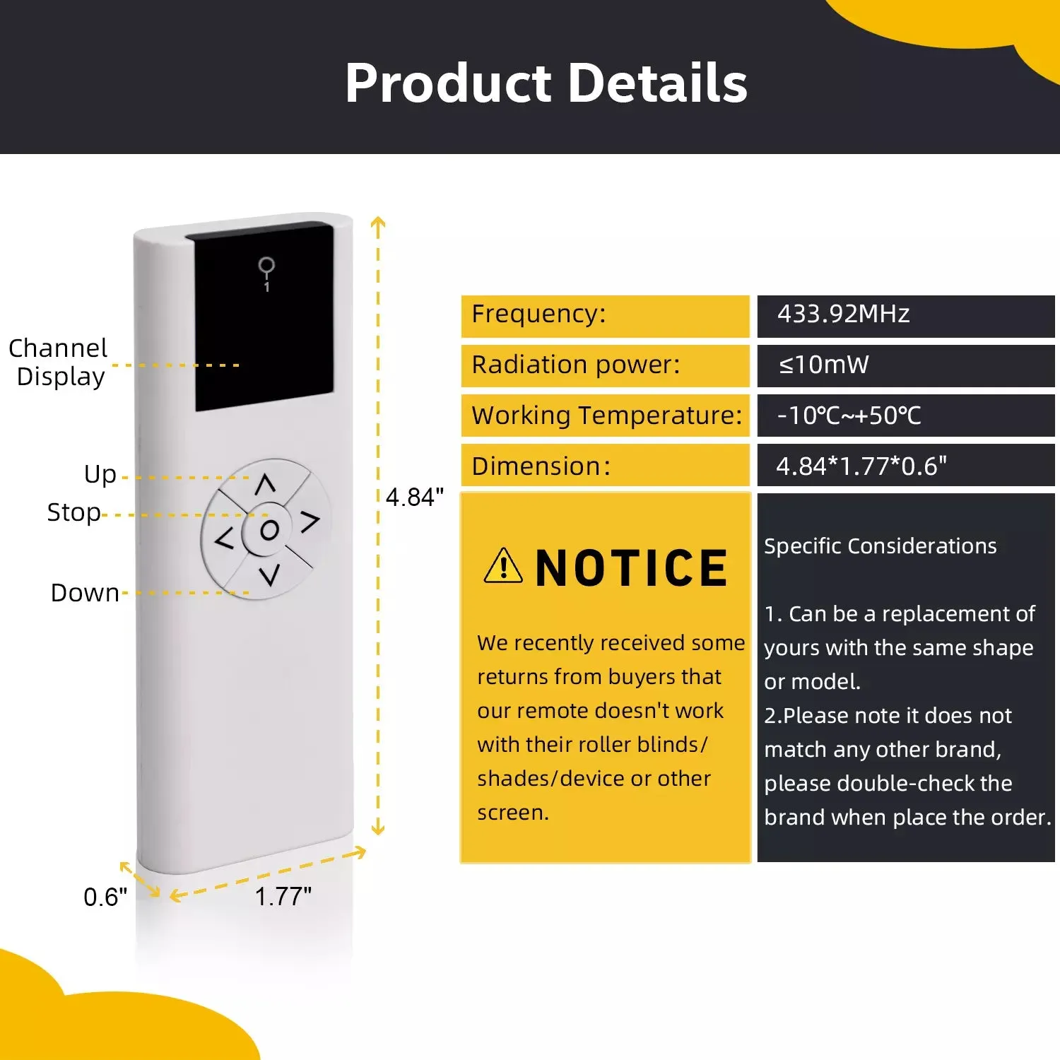 Sortfle AC114-01 Remote Control Compatible EL03-10HH01, 1 Channel Wireless Blinds Controller for Motorized Roller Shades and Blinds