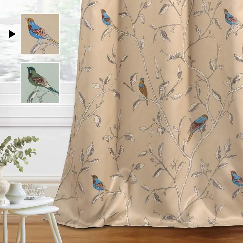Thermal Insulated Birds Rustic Printed Blackout  Curtain Drapes for Home Decor, 2 Panels, 52"W x 96"L, Taupe