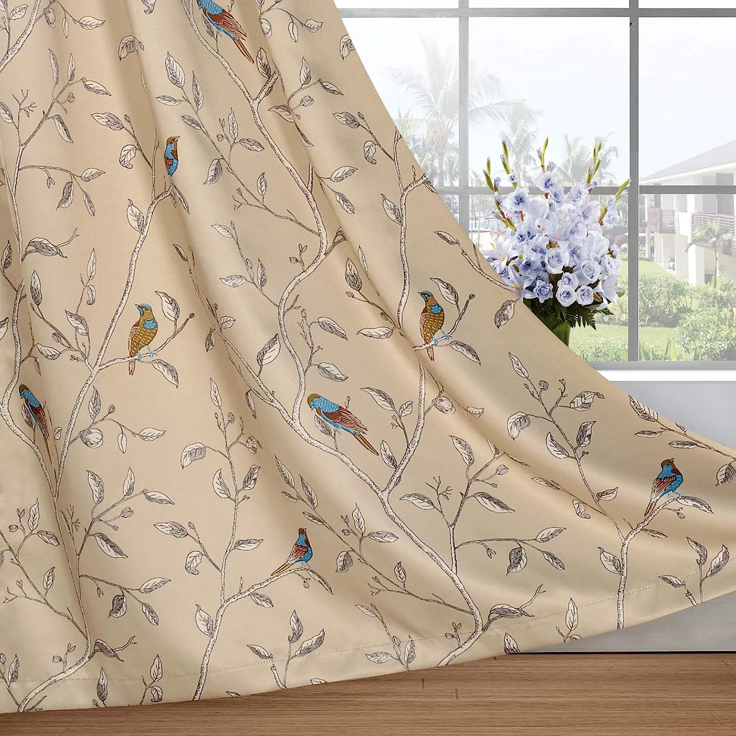 Thermal Insulated Birds Rustic Printed Blackout  Curtain Drapes for Home Decor, 2 Panels, 52"W x 96"L, Taupe