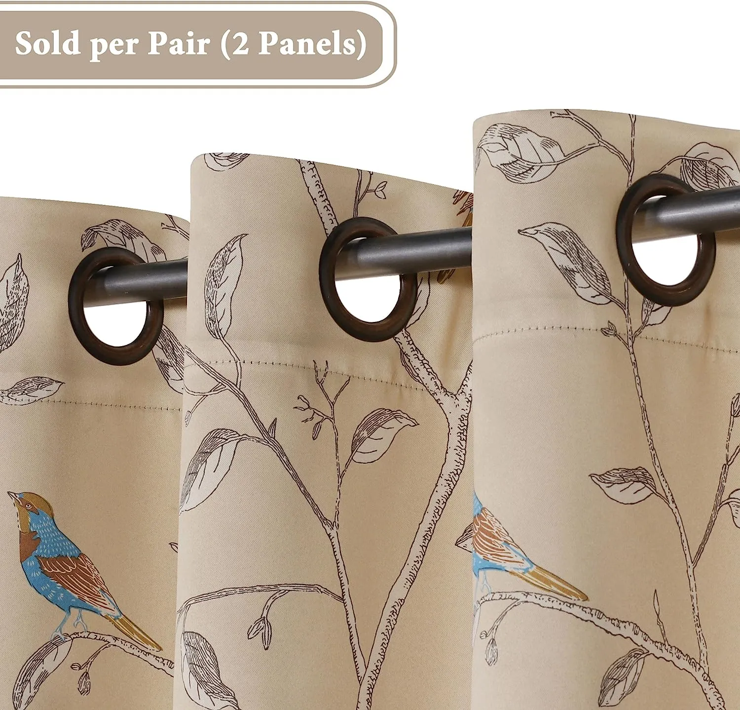 Thermal Insulated Birds Rustic Printed Blackout  Curtain Drapes for Home Decor, 2 Panels, 52"W x 96"L, Taupe