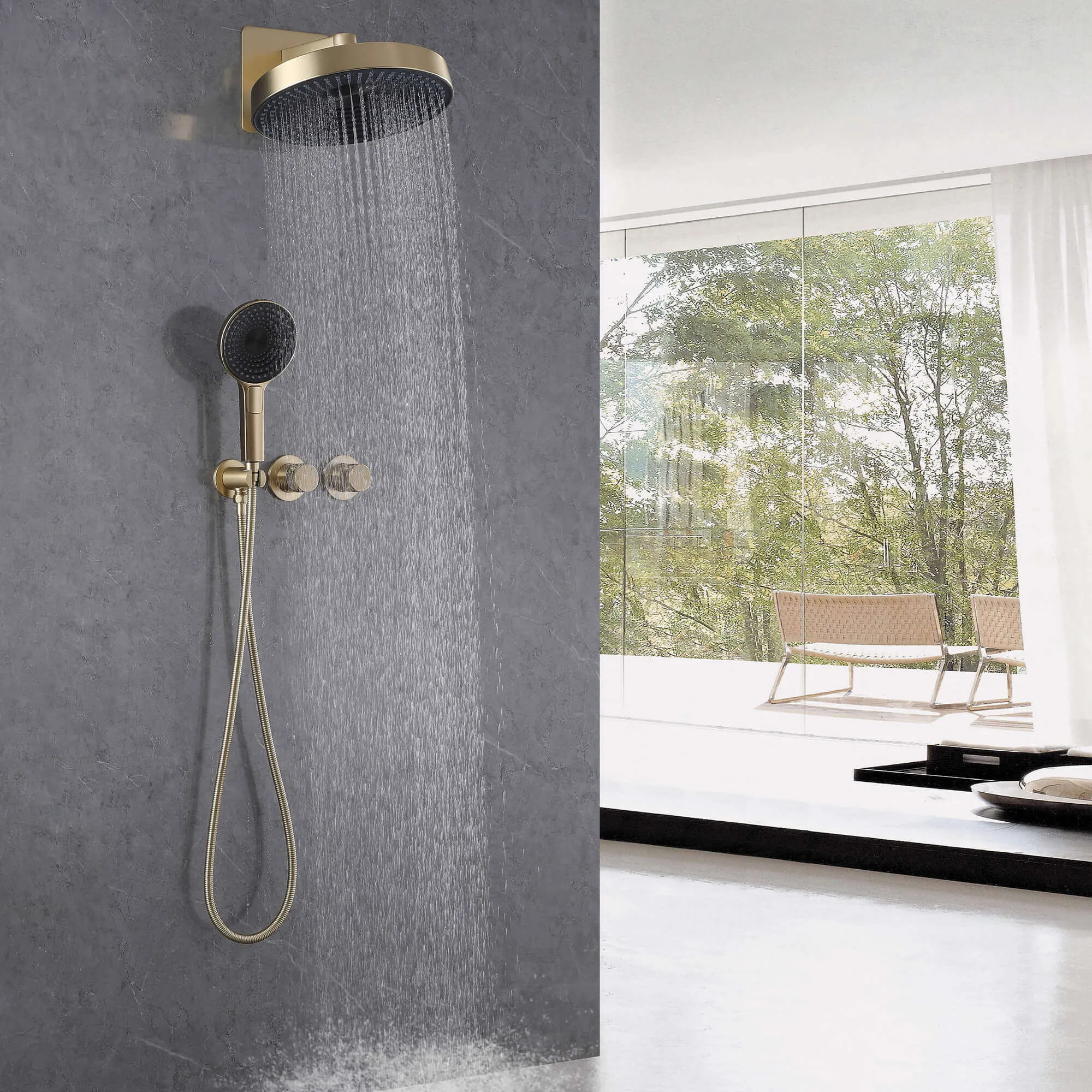 Wall Mount Rainfall Shower System With Three Function Hand Shower Brushed Gold JK0244