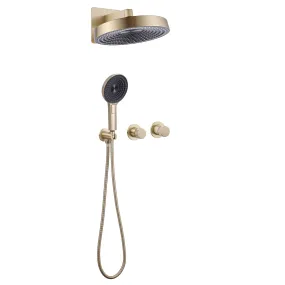 Wall Mount Rainfall Shower System With Three Function Hand Shower Brushed Gold JK0244