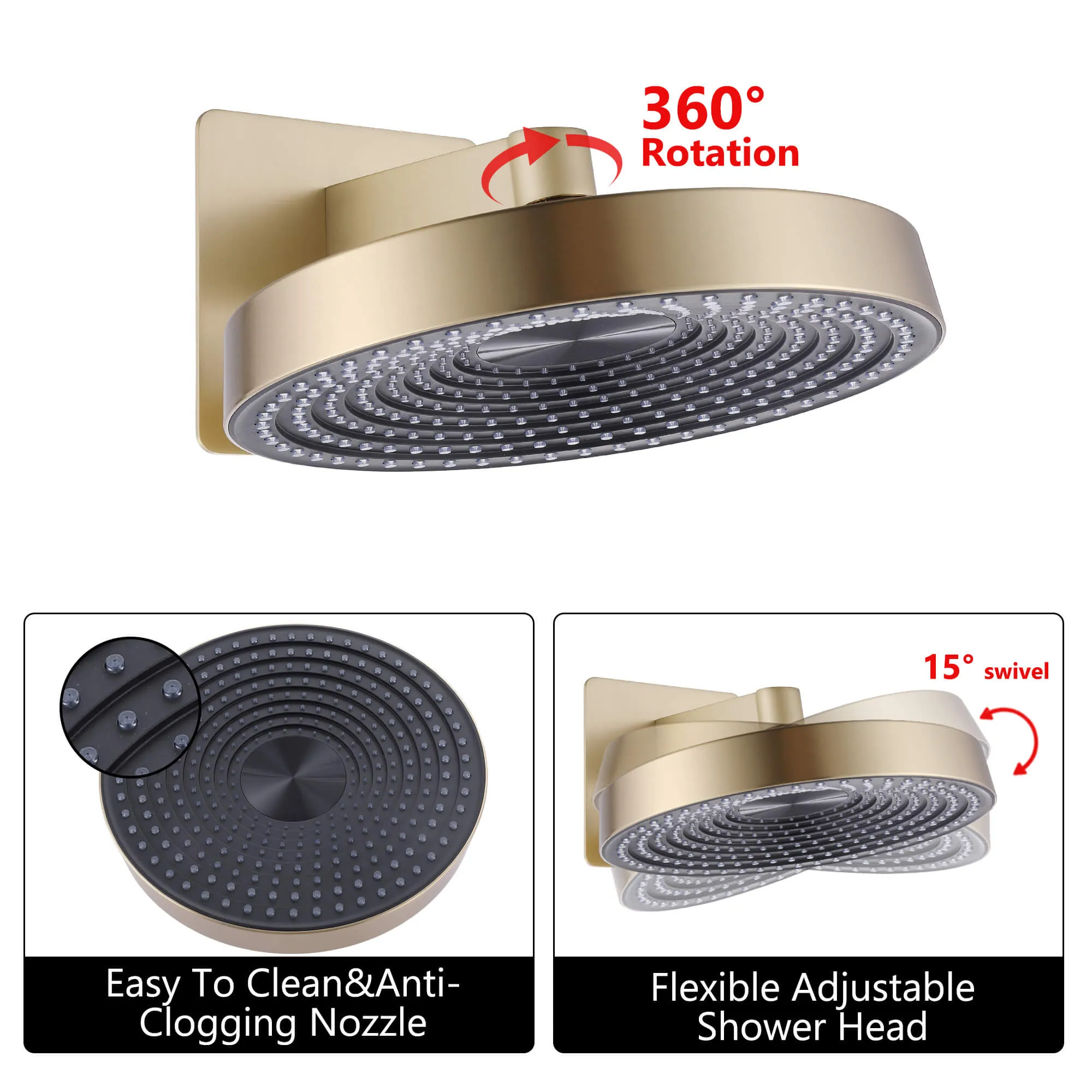 Wall Mount Rainfall Shower System With Three Function Hand Shower Brushed Gold JK0244