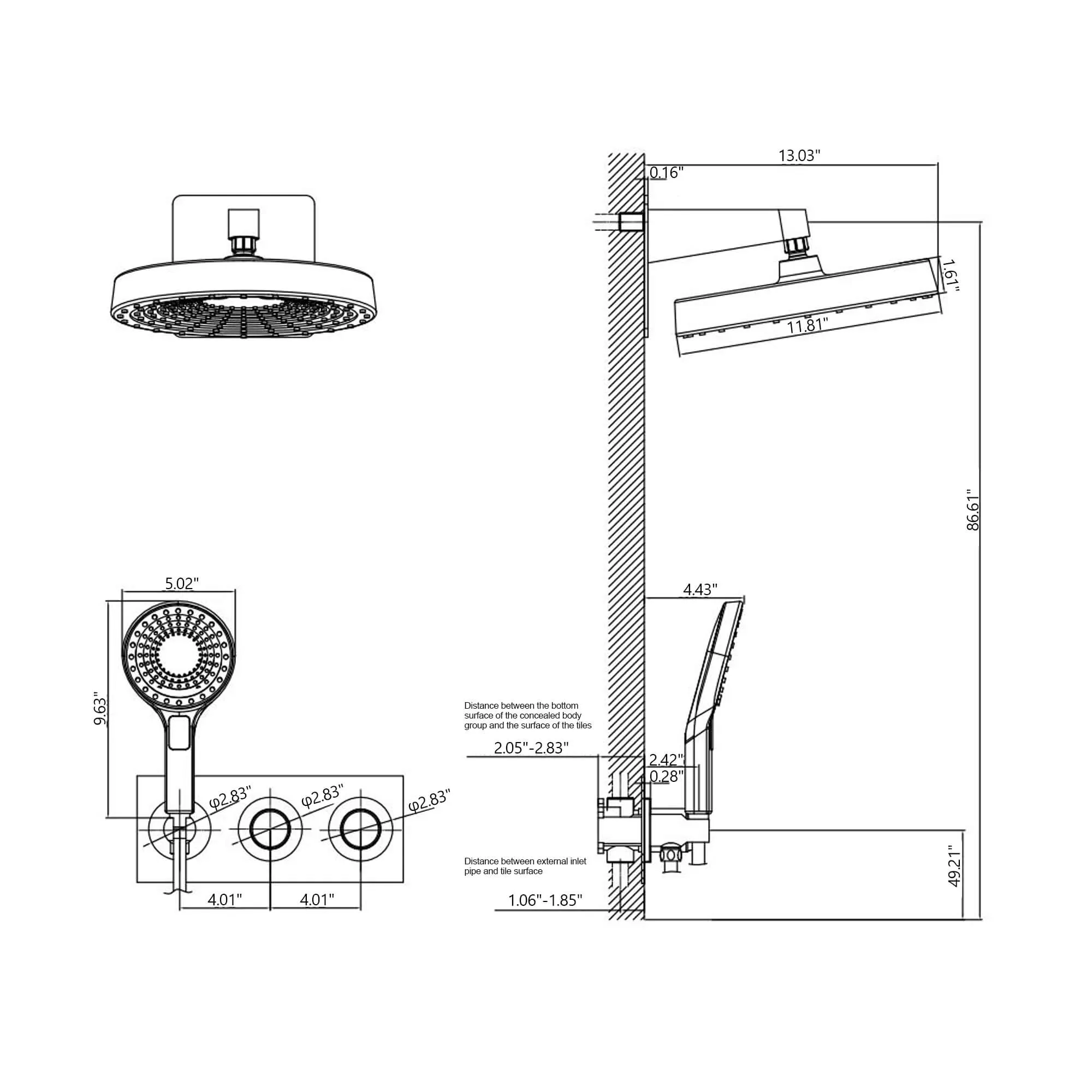 Wall Mount Rainfall Shower System With Three Function Hand Shower Brushed Gold JK0244