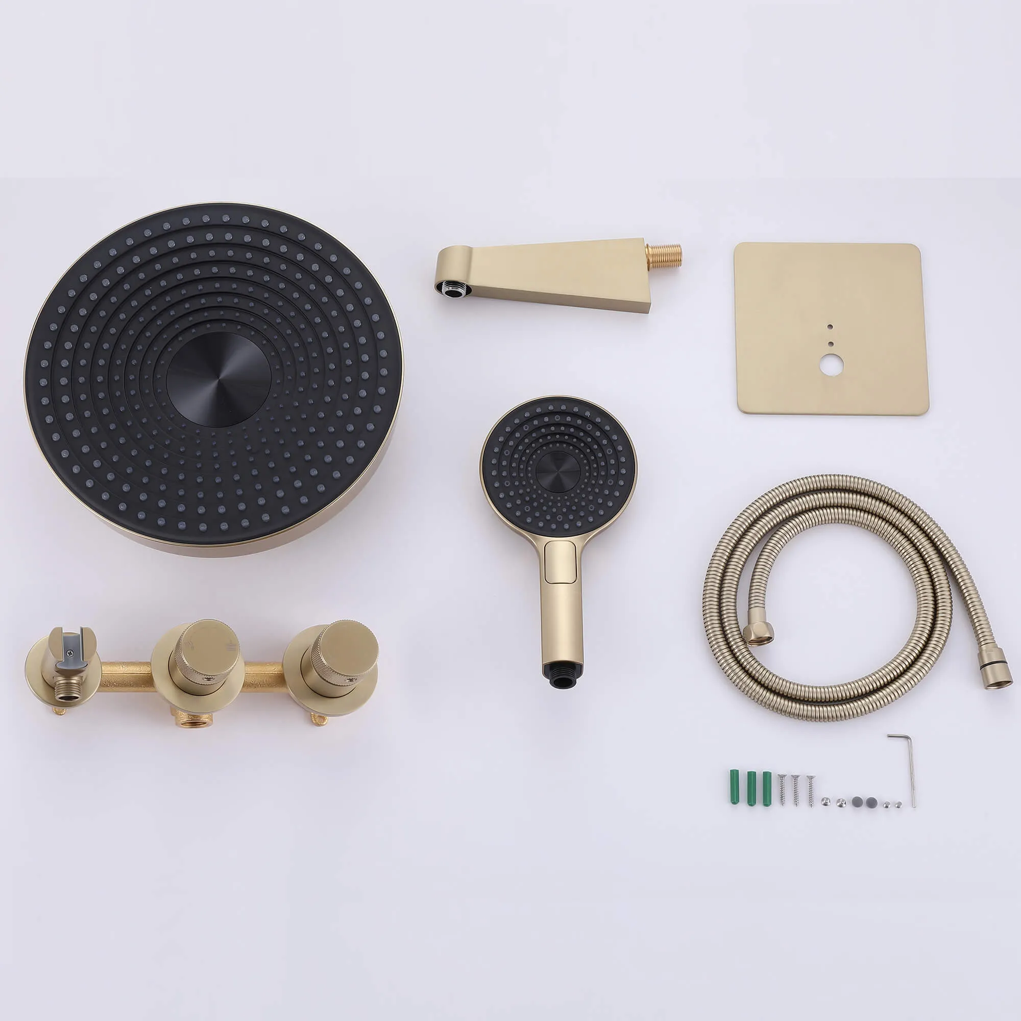 Wall Mount Rainfall Shower System With Three Function Hand Shower Brushed Gold JK0244