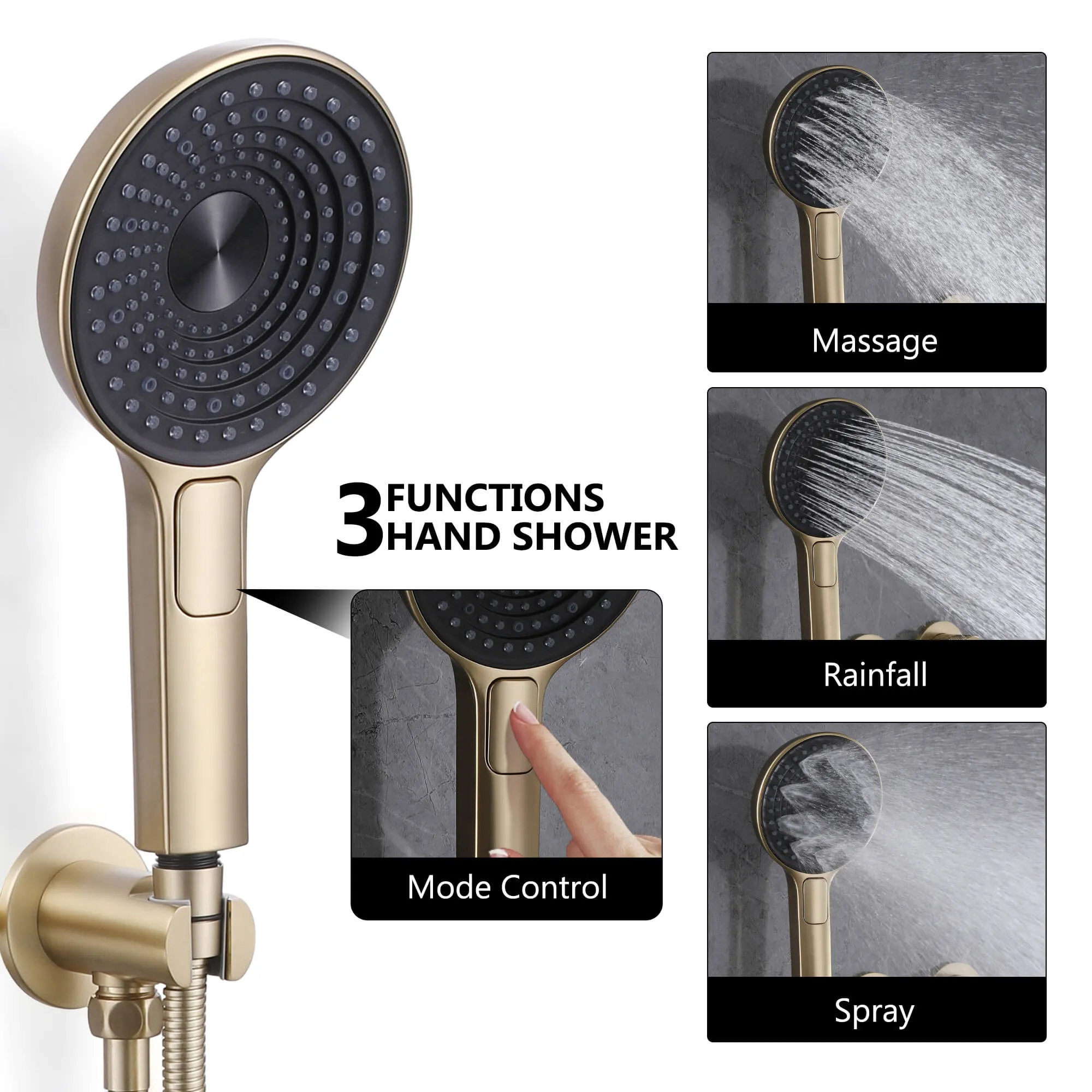 Wall Mount Rainfall Shower System With Three Function Hand Shower Brushed Gold JK0244