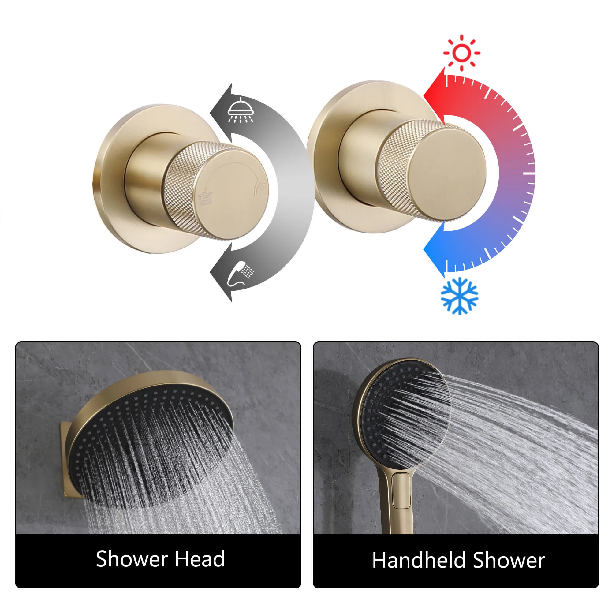 Wall Mount Rainfall Shower System With Three Function Hand Shower Brushed Gold JK0244