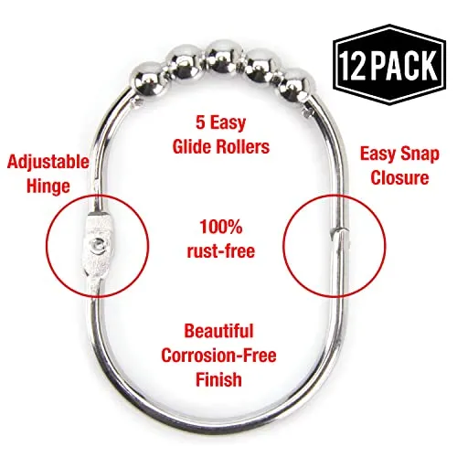 Wide Shower Curtain Rings / Hooks Set, DecorativePolished Chrome Finish, Easy Glide