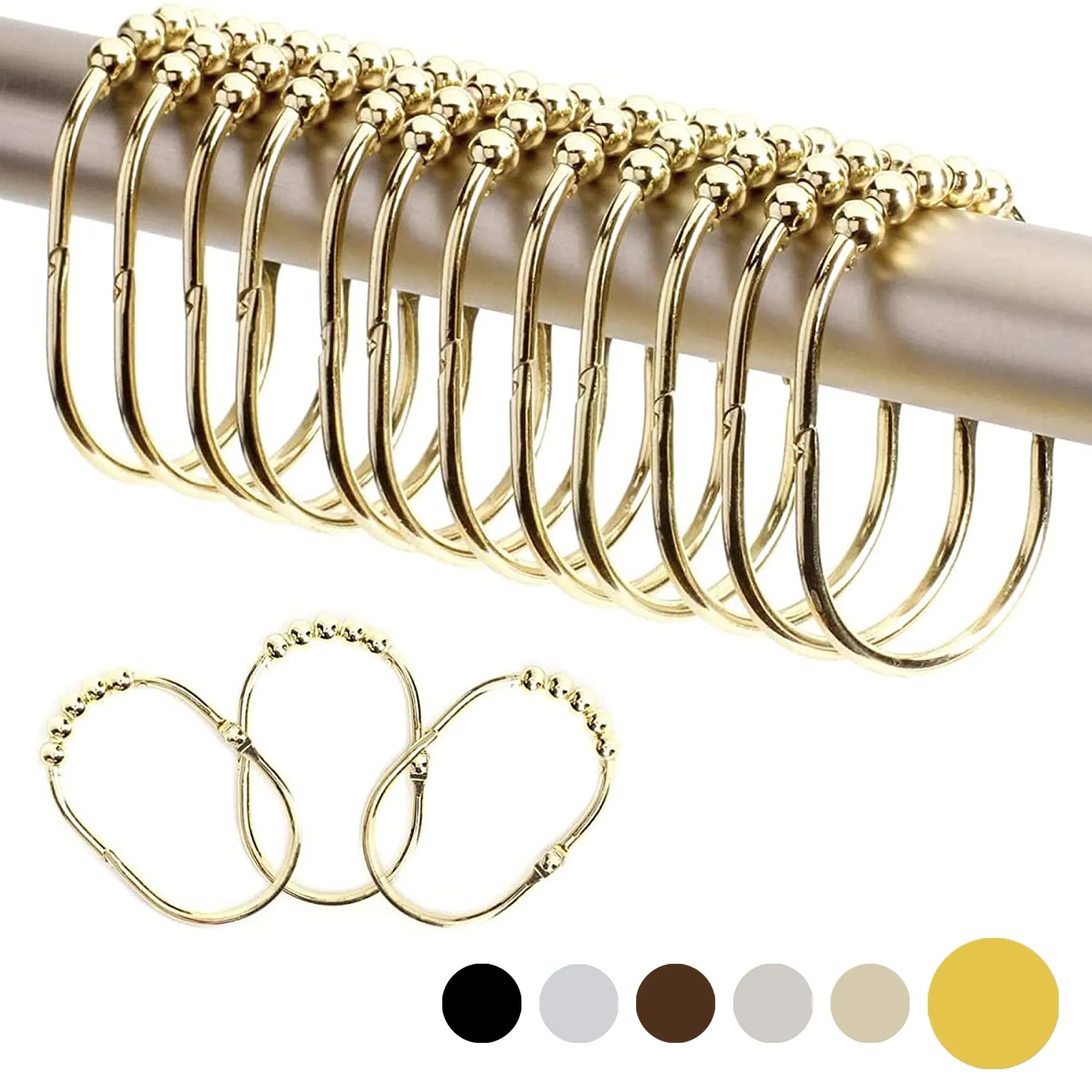 Wide Shower Curtain Rings / Hooks Set, DecorativePolished Chrome Finish, Easy Glide
